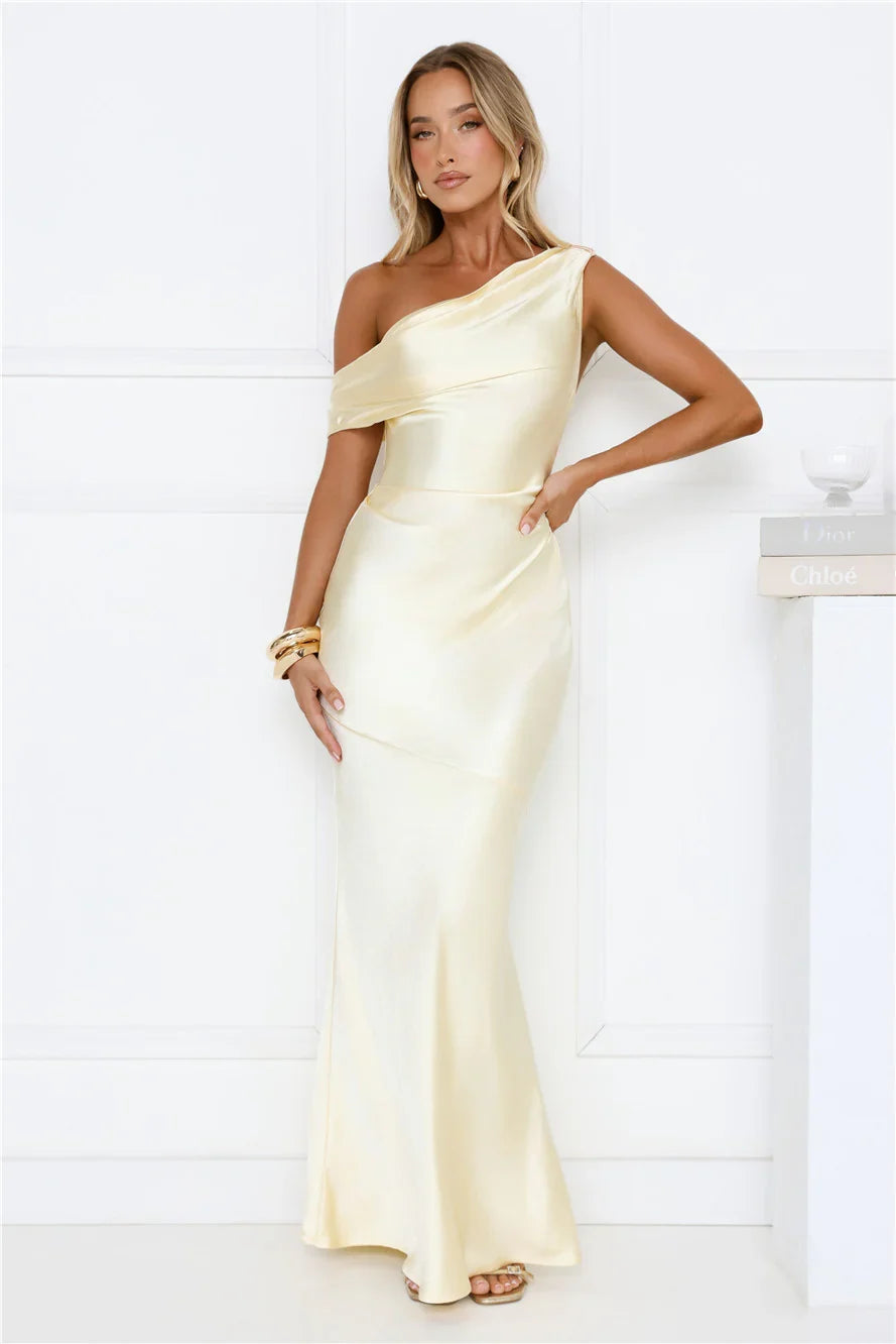 Shes A Dream Satin Off Shoulder Maxi Dress Yellow