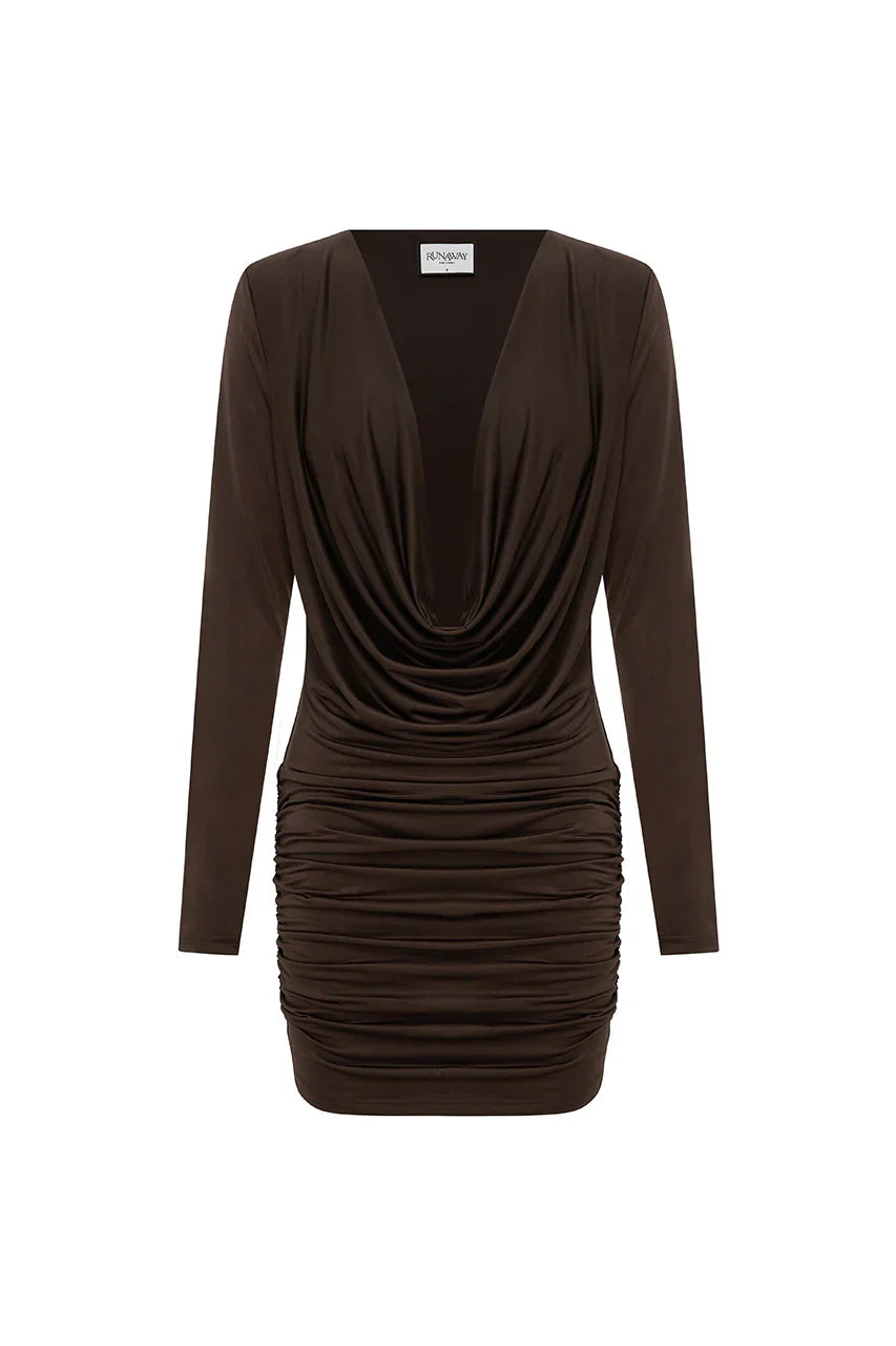 TATE SLEEVED COWL MINI DRESS BITTER CHOCOLATE