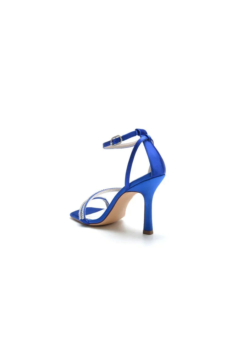 Square OpenToe Beaded Ankle Strap Satin Stiletto Heels