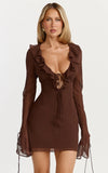 Alesya Mini Dress Ruffle Plunge Neck Long Sleeve Tie Detail Dress in Chocolate