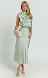 Minnie Midi Dress Drape Neck Satin Slip Dress in Sage