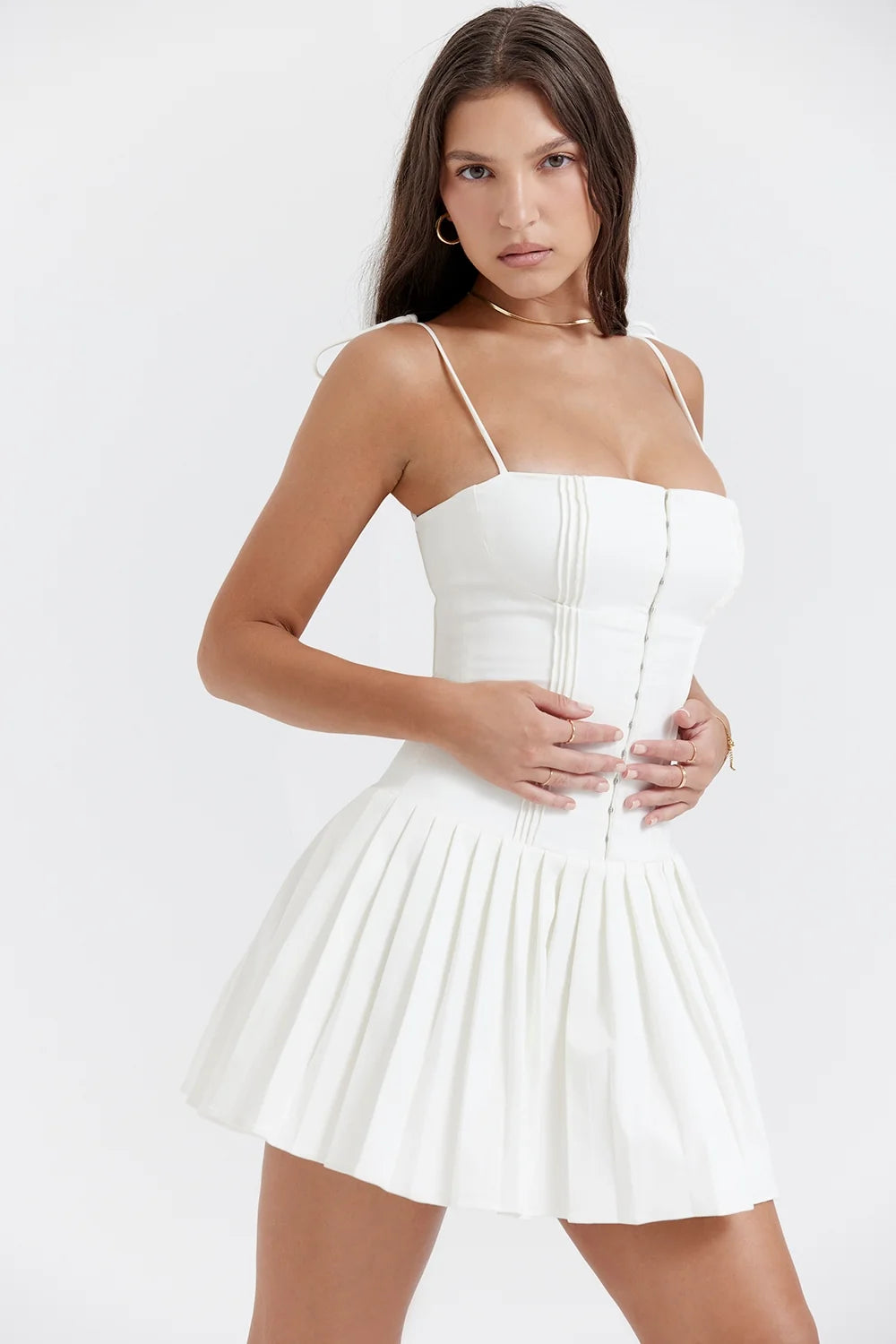 white pleated mini dress