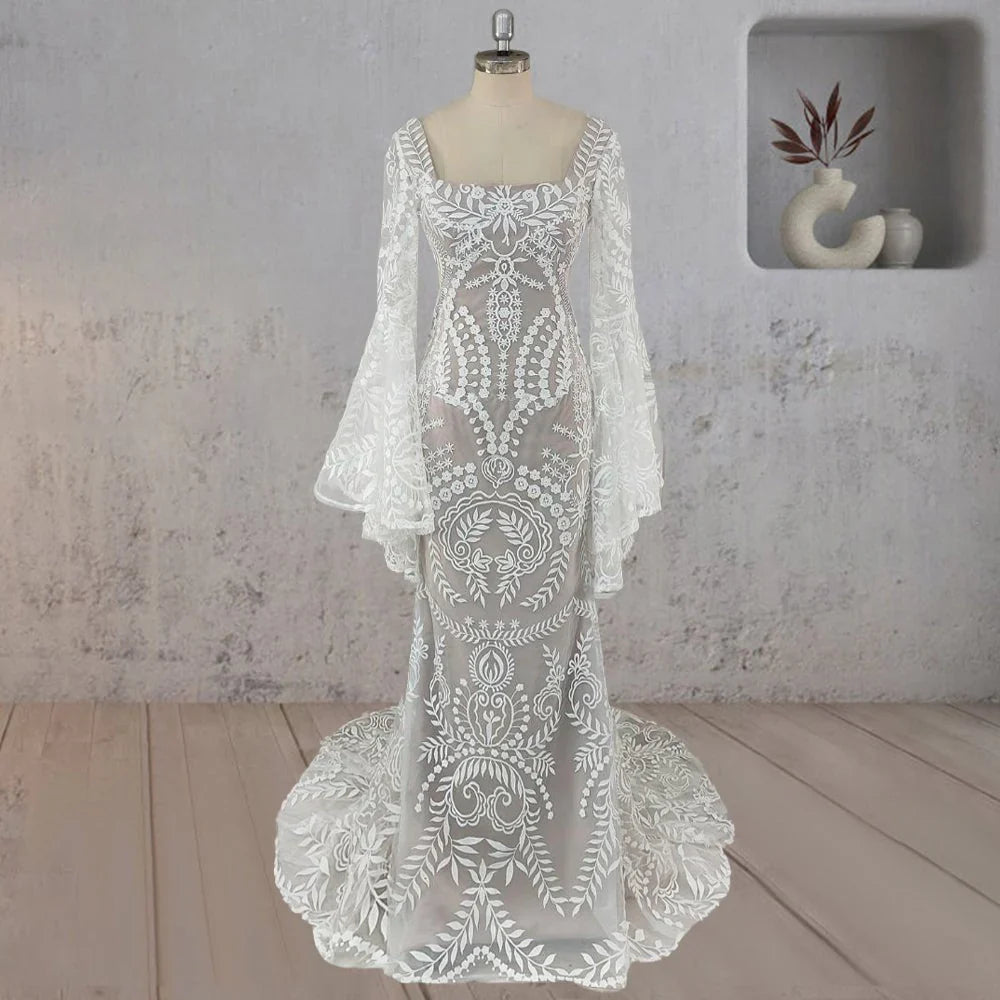White Mermaid Enchantment Flower Prints Wedding Dress