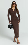 Rimona Midi Dress Long Sleeve Gathered Waist Midi Shirt Dress in Brown