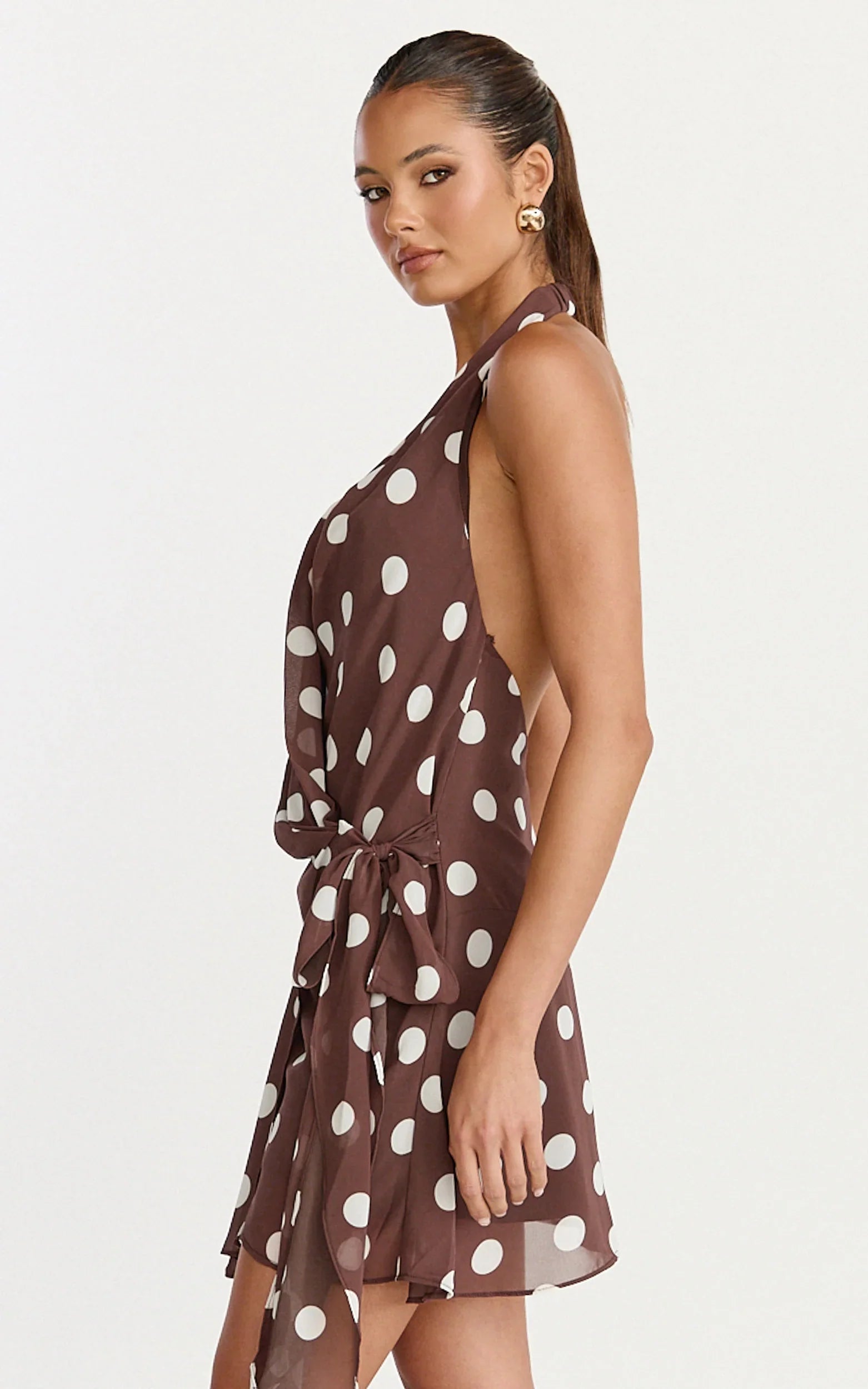 Lia Mini Dress Wrap Around Dress in Choc Polka Dot