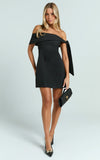 Cecilia Mini Dress Off Shoulder Tie Detail Dress in Black