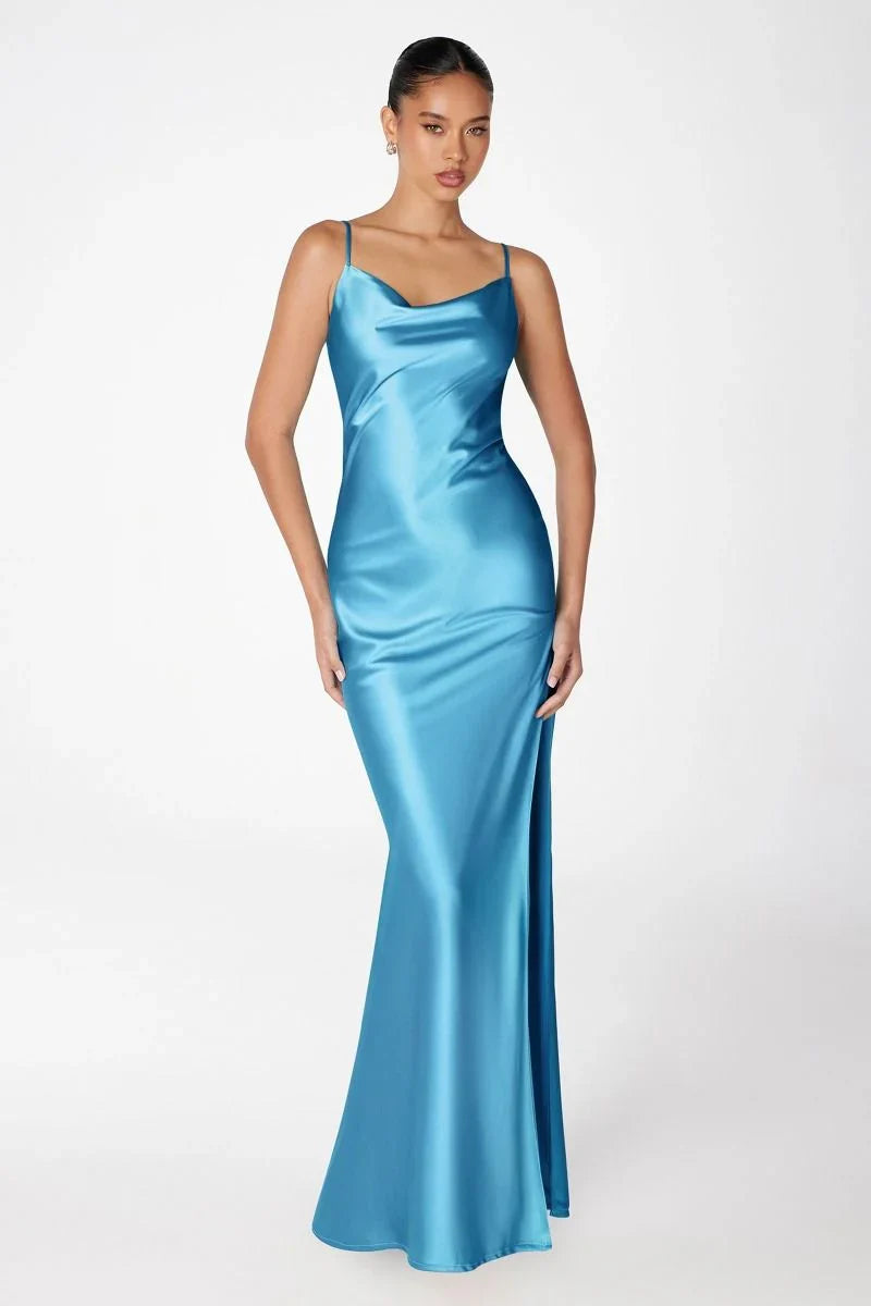 Lina Satin Cowl Neck Maxi Dress with Draped Back