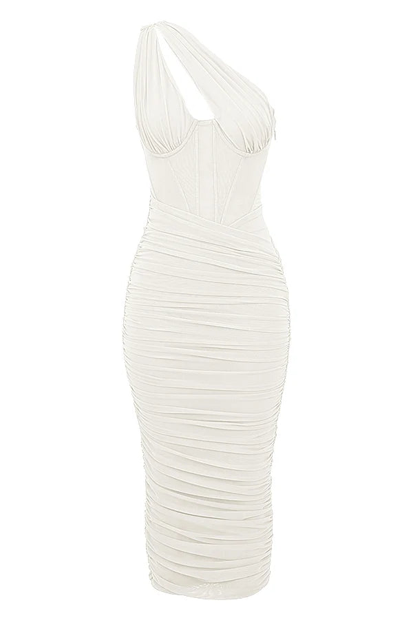 ivory asymmetric cutout midi dress