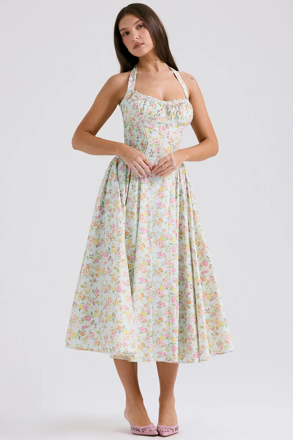 pale blue meadow print cotton halter sundress