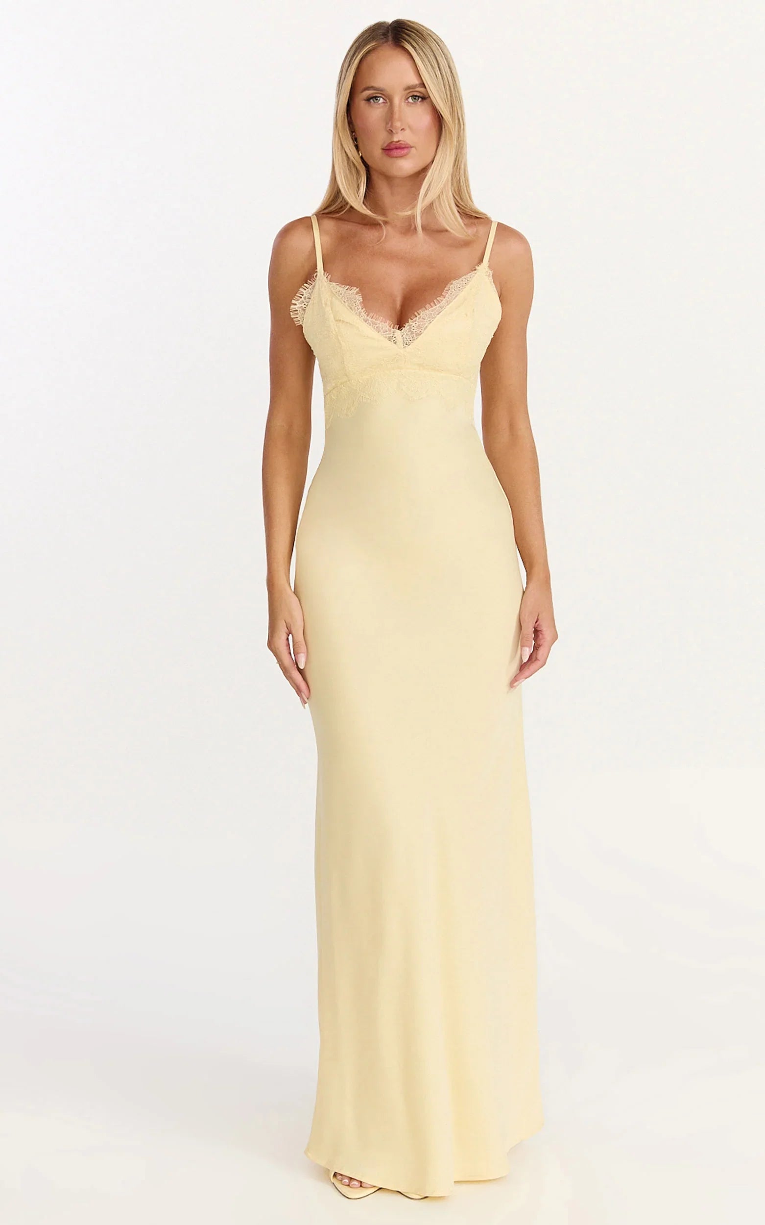 Kyra Maxi Dress Lace Bust And Tie Back Satin Dress in Lemon