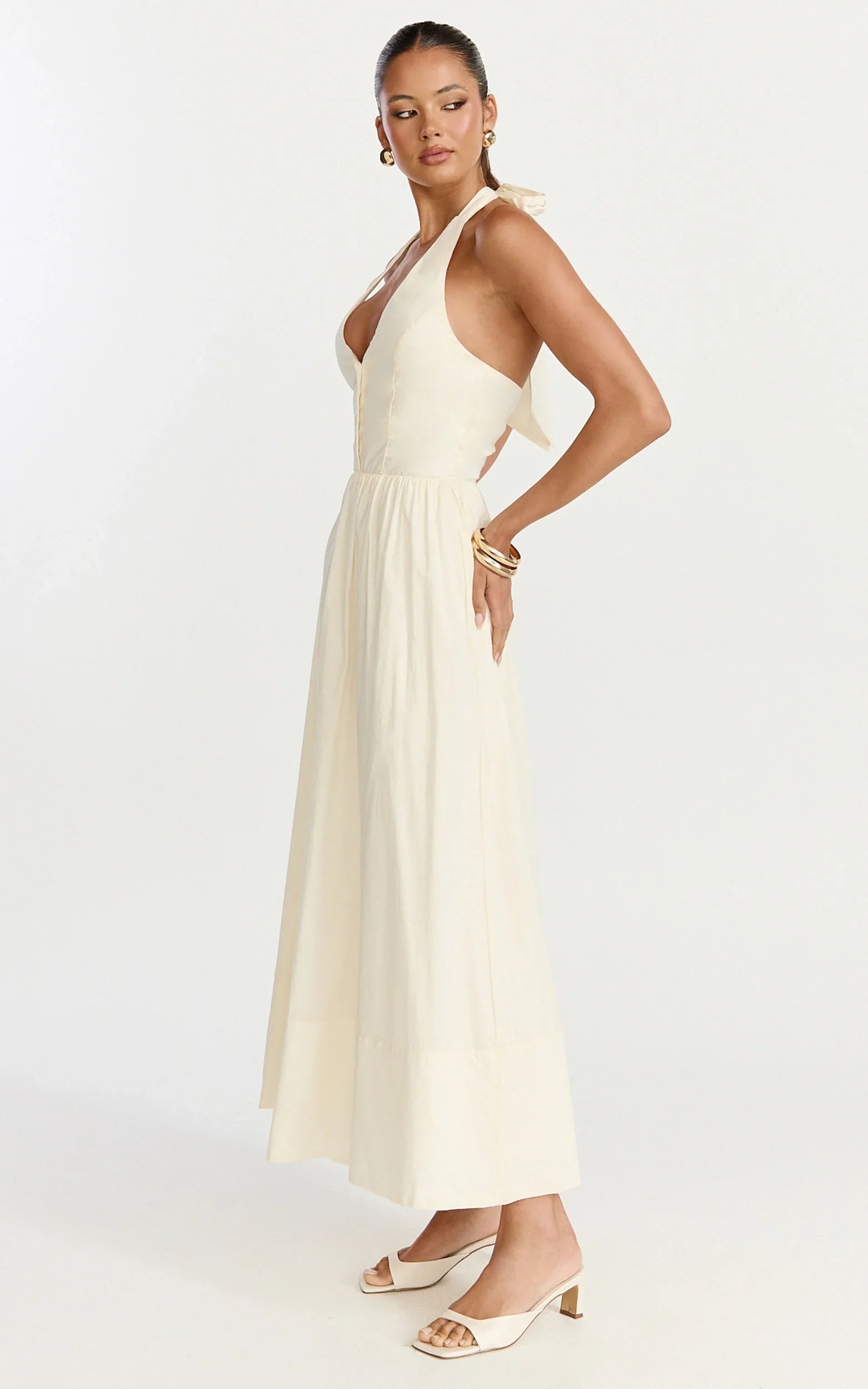 Everly Midi Dress Tie Halter Neck Button Down Bodice Fit And Flare Dress in Cream