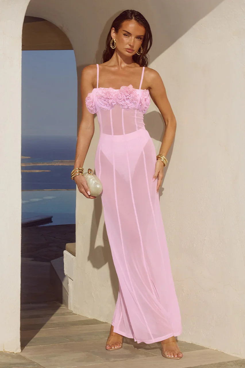 DEMI SHEER FLOWER TRIM MAXI DRESS MUSK