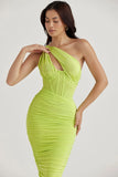lime asymmetric cutout midi dress