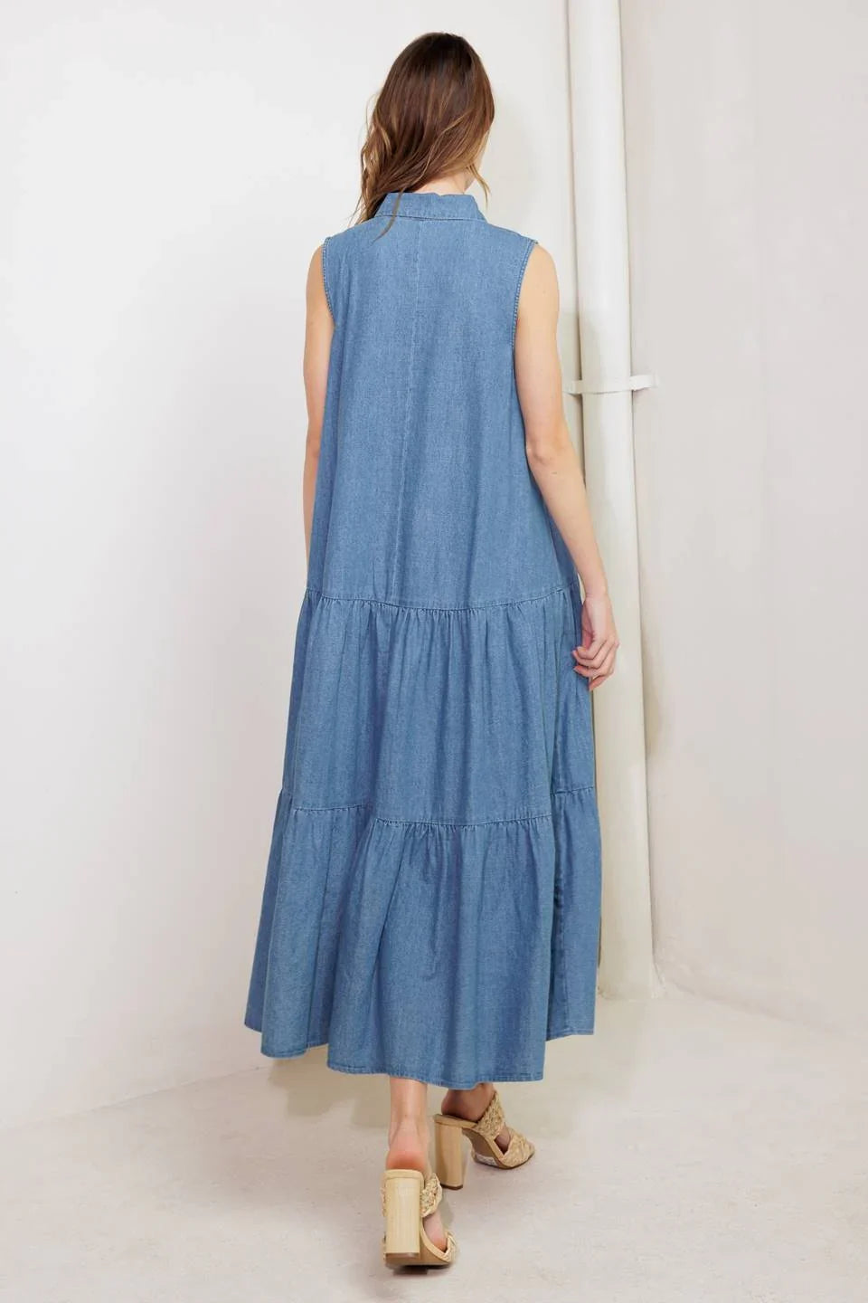 SUNDRENCHED RUFFLE DENIM MIDI DRESS