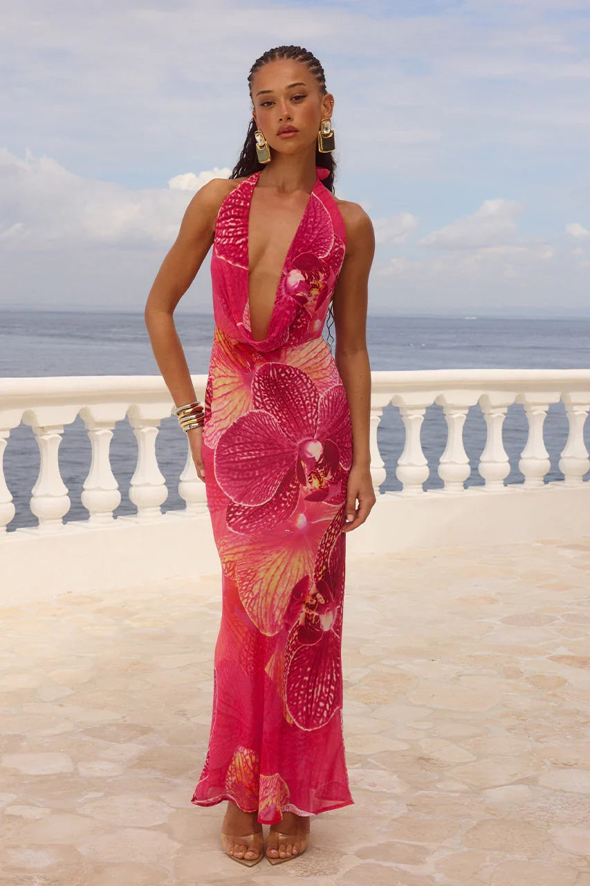 LEXIE LOW PLUNGE HALTER MAXI DRESS ISABEL PINK