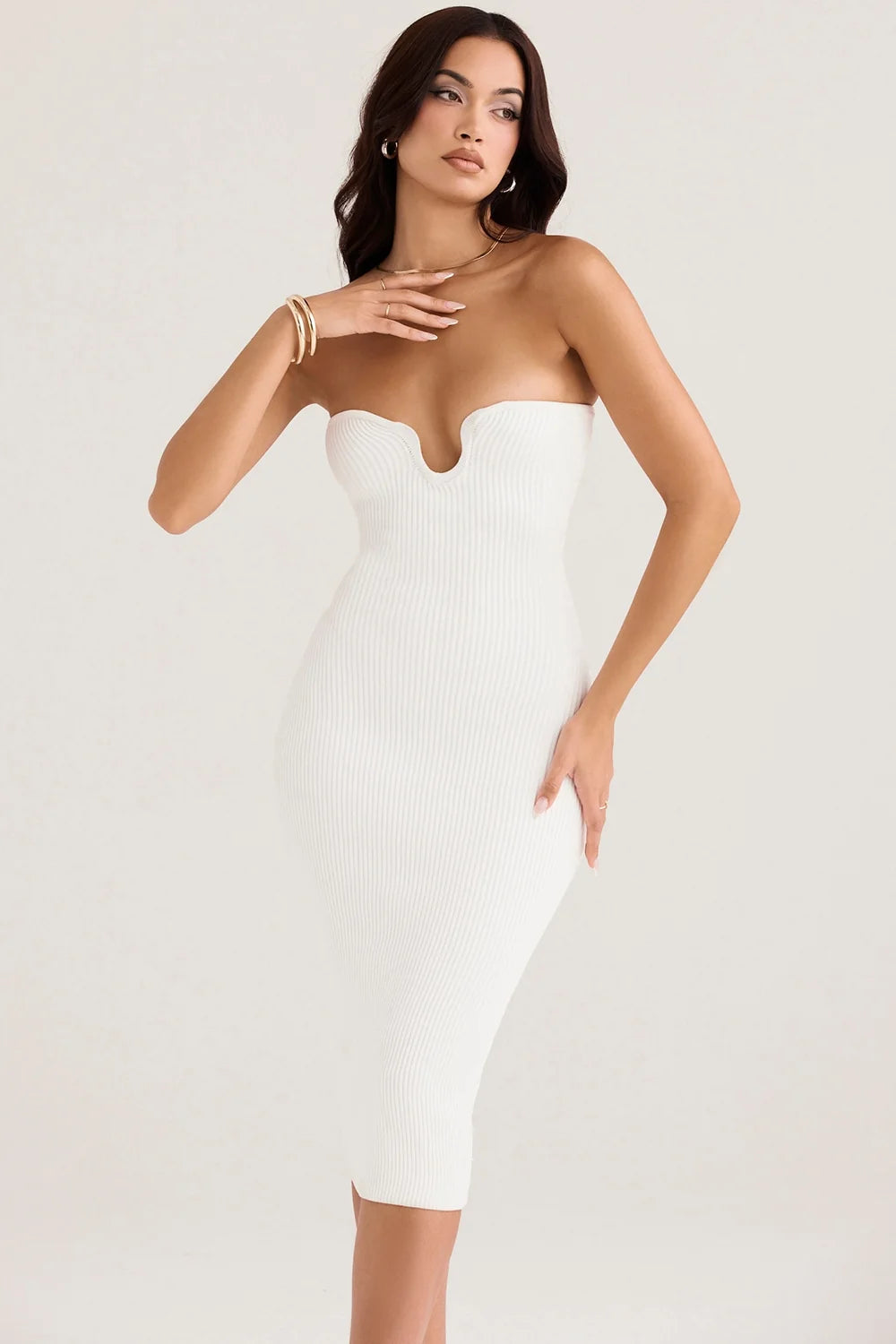 white ribbed knit strapless midi dress