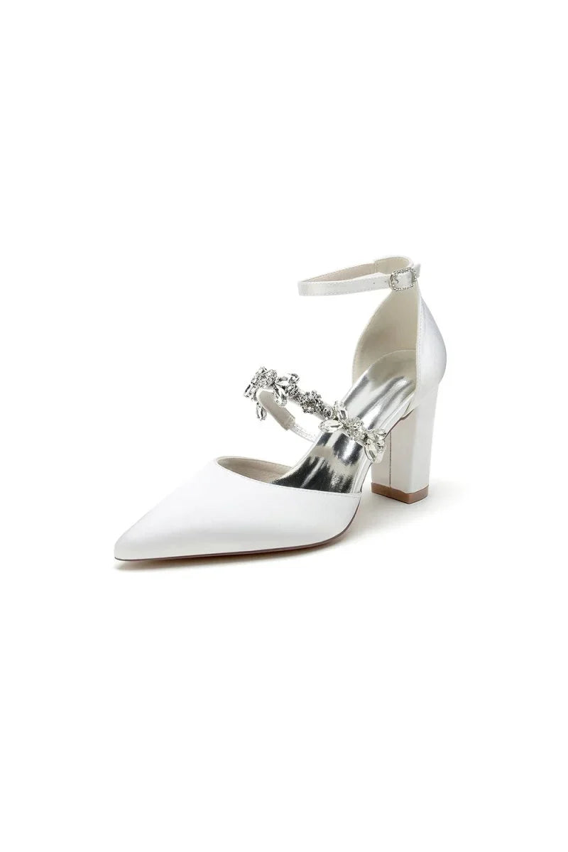 Satin Pointed Toe Rhinestone Strappy Chunky Heels