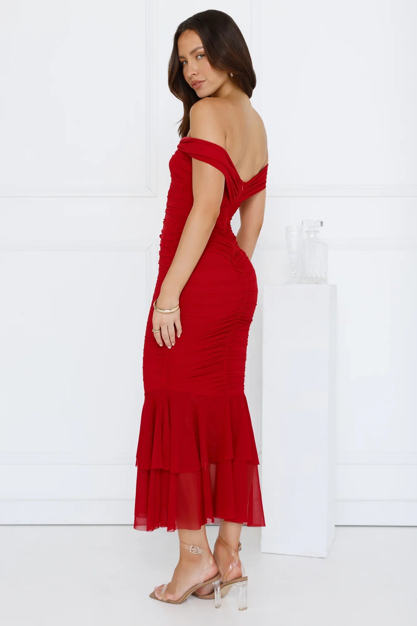 Tanisha Off Shoulder Mesh Midi Dress Maroon
