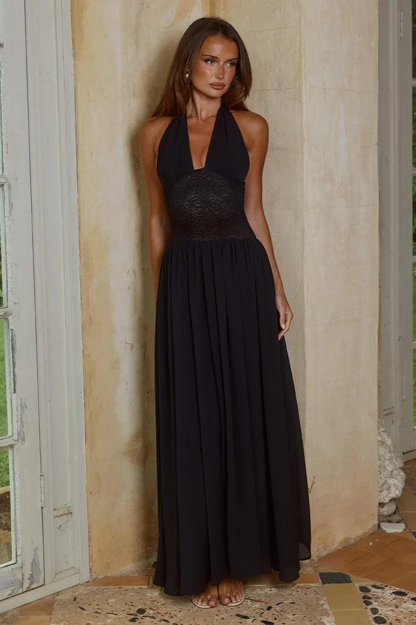 FERNANDA PLUNGE HALTER MAXI DRESS BLACK