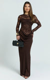 Crisanta Maxi Dress Long Sleeve Contrast Lace Bodycon Dress in Chocolate