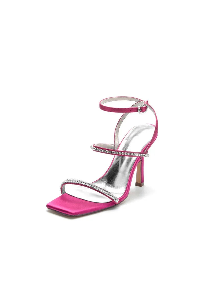 Crystal Cross Straps Square Open Toe Chunky Heels