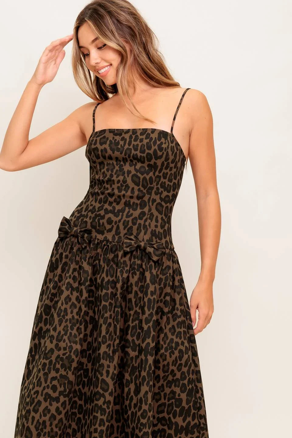SAVANNAH DARK BROWN MIDI DRESS LEOPARD PRINT