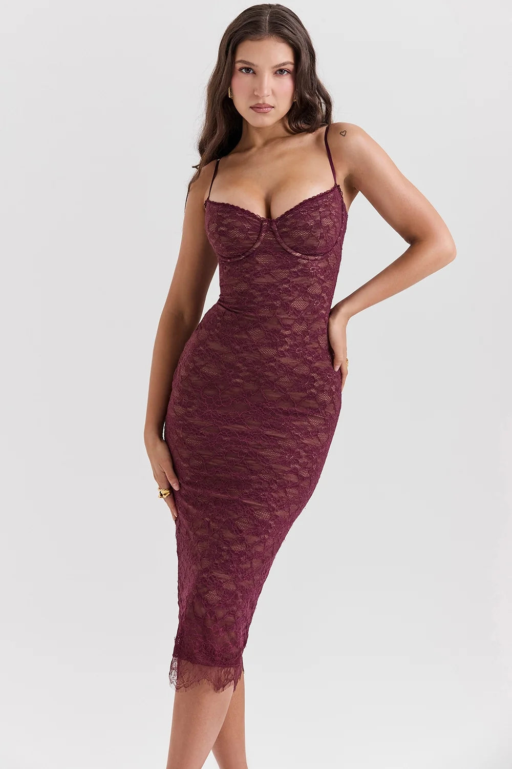 mulberry lace midi dress