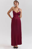 berry pleated satin maxi dress