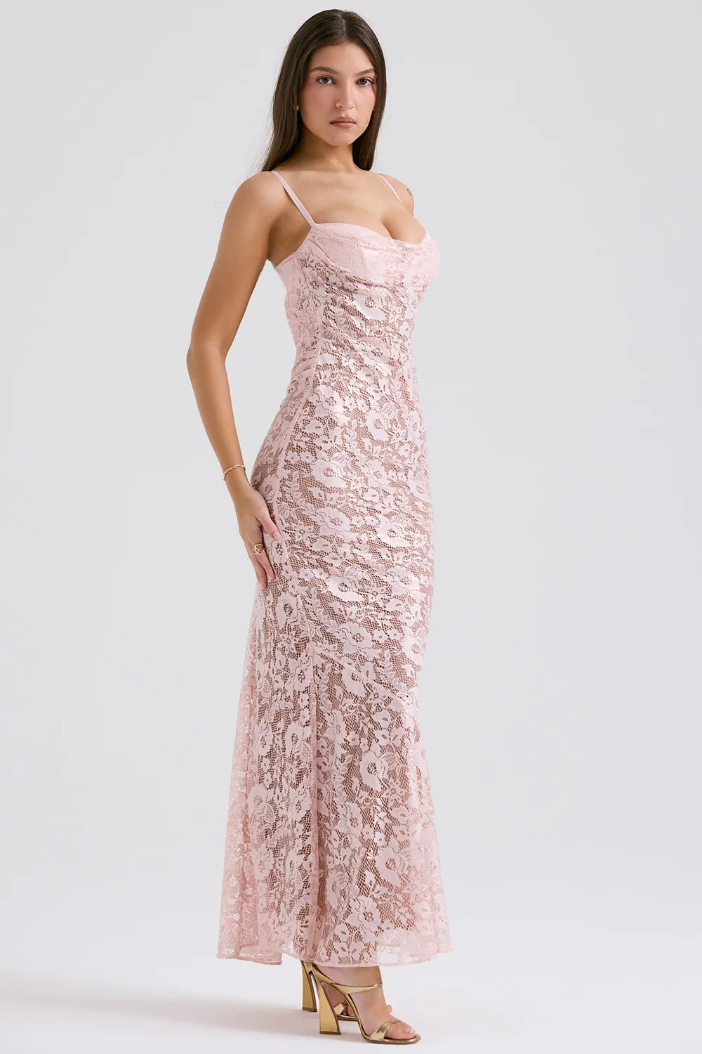rose pink lace godet gown