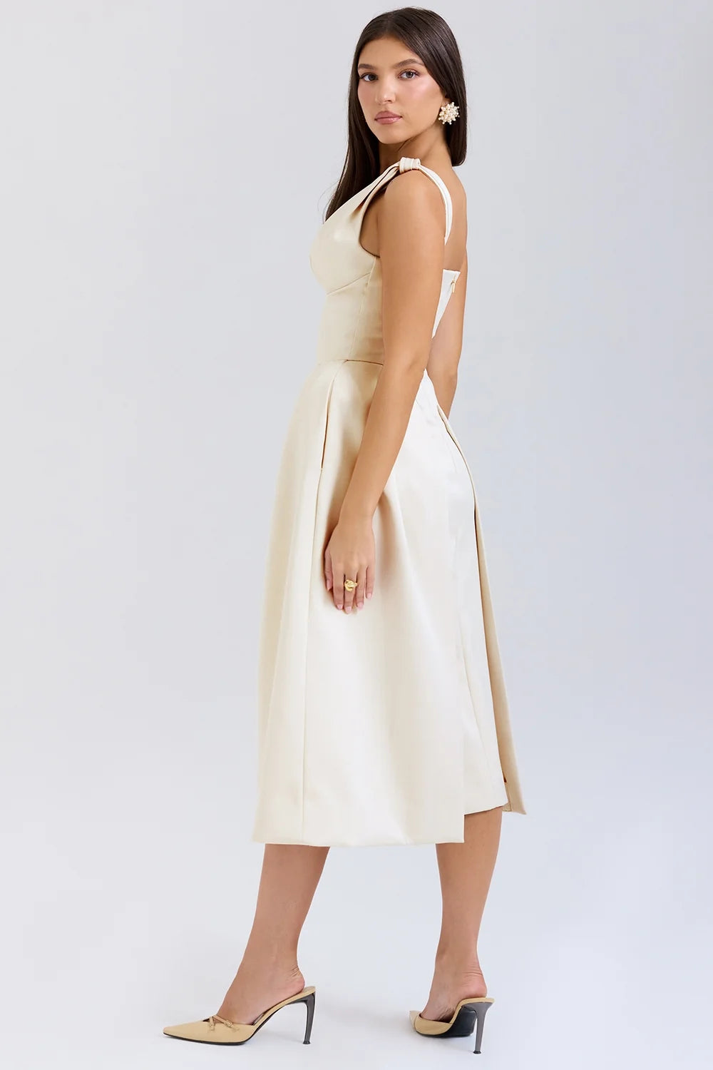 vintage cream satin pleated midi dress sale