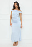 Polished Radiance Off Shoulder Satin Maxi Dress Blue