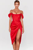 red satin off shoulder dress