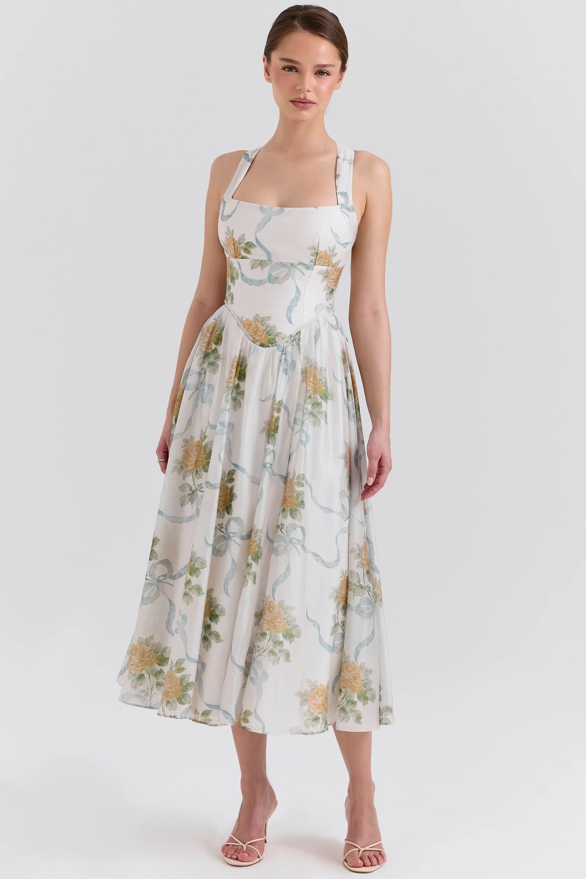 soft blue vintage ribbon print chiffon midi dress