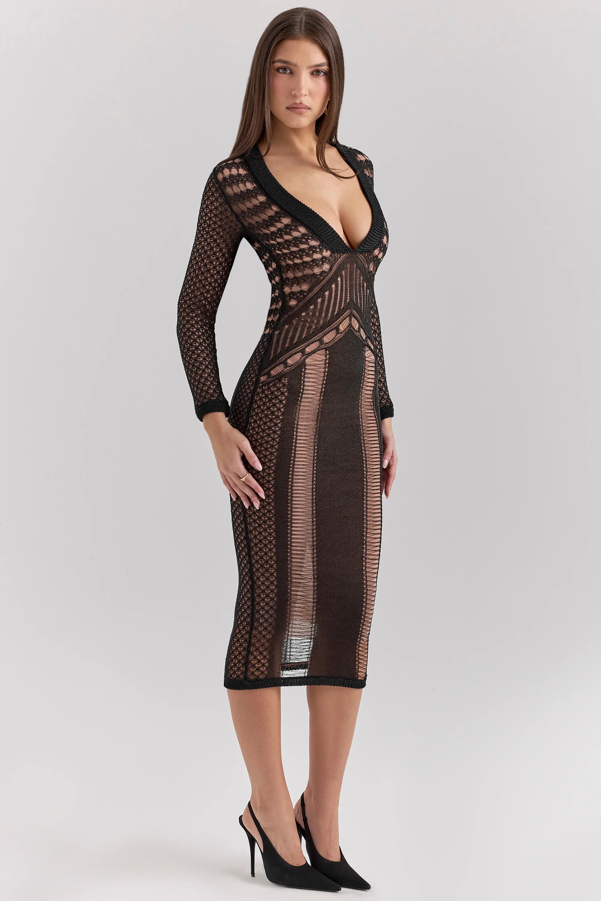black plunge midi dress sale