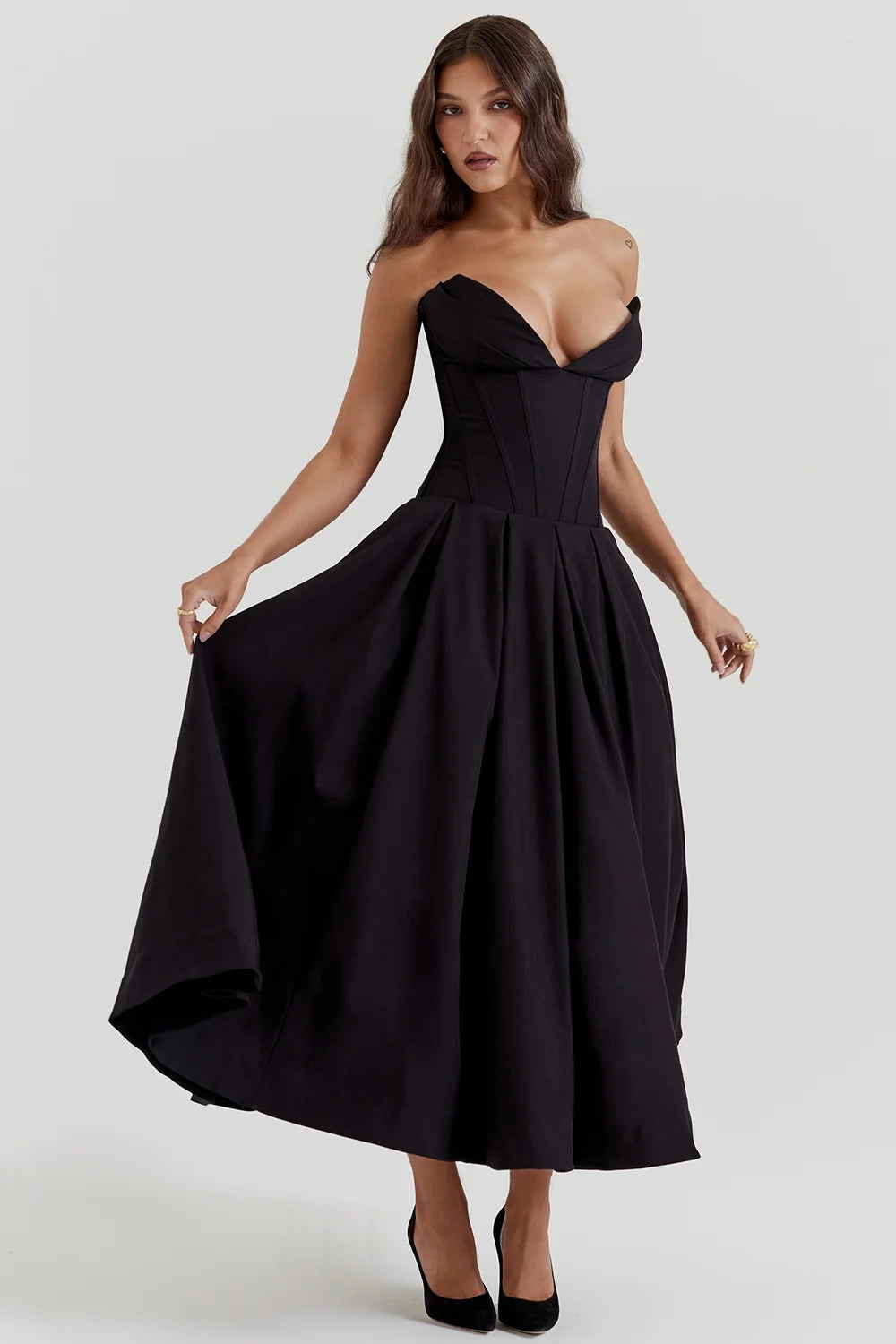 black strapless midi dress