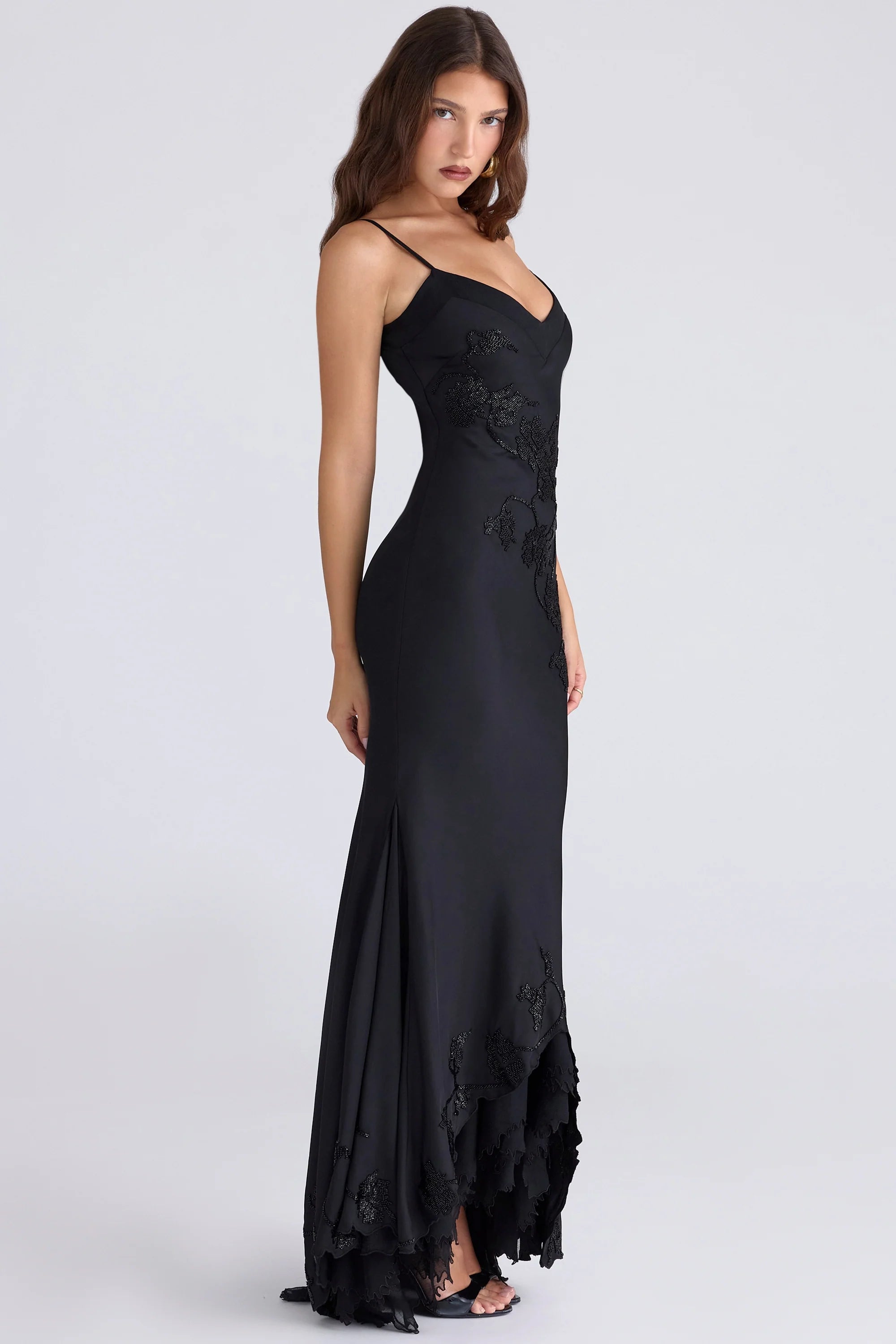 black hand beaded embellished satin maxi dress limited edition