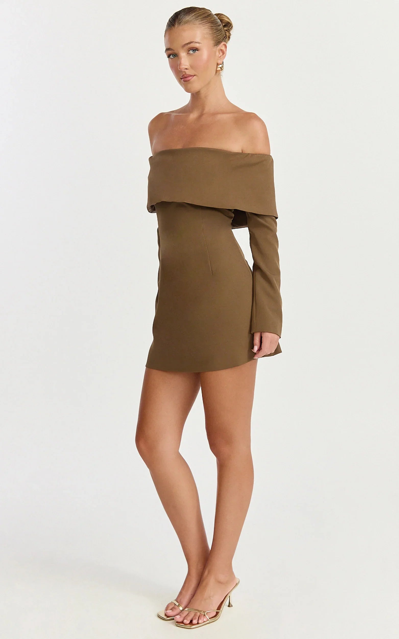 Marigold Mini Dress Off Shoulder Long Sleeve Dress in Mocha