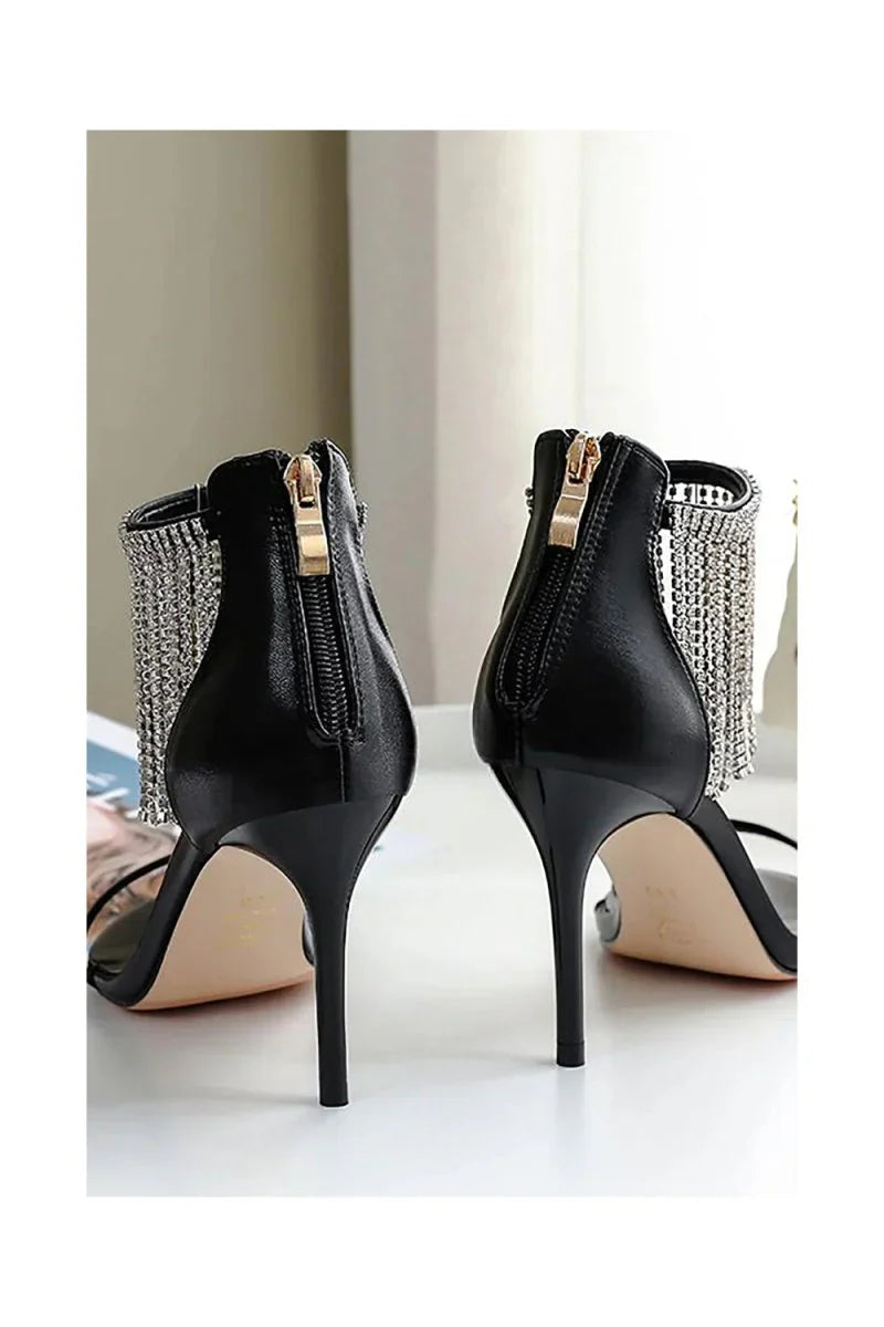 Black Rhinestone Thick High Heels