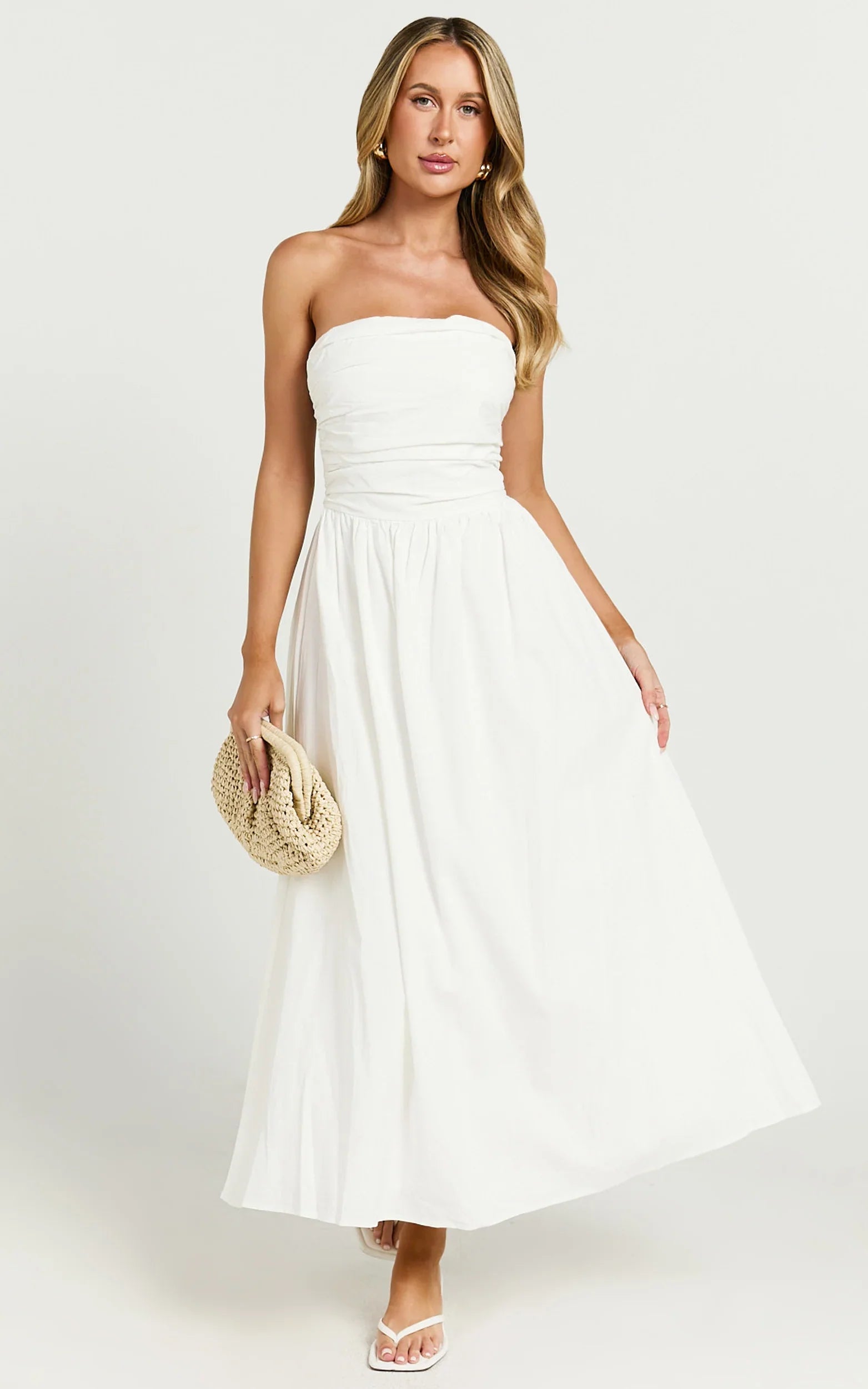 Polly Midi Dress Strapless Ruched Dress in White