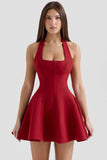 red halter neck bow mini dress