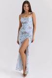 blue floral print mesh maxi dress