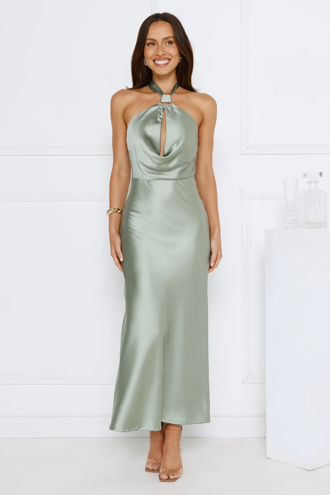 Essence of Style Halter Satin Maxi Dress Sage