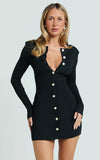 Celia Mini Dress High Neck Square Shoulder Button Front Ruche Waist Knit Dress in Black