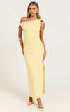 Cincinnati Midi Dress Off The Shoulder Side Split Column Linen Dress in Lemon