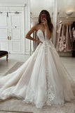 A Line Spaghetti Straps Deep V Neck White Lace Appliques Wedding Dress