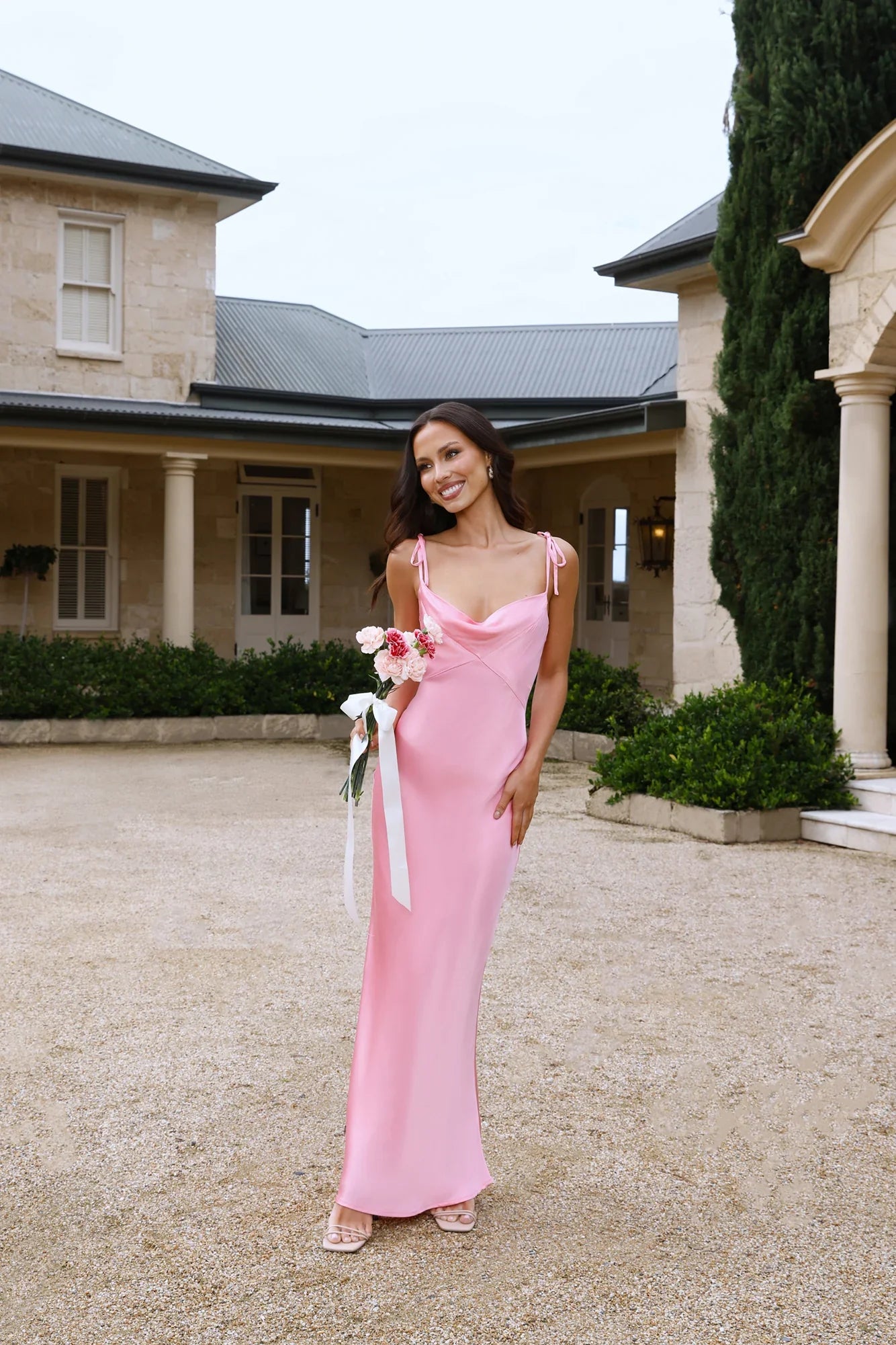 The Penelope Cowl Satin Maxi Dress Candy