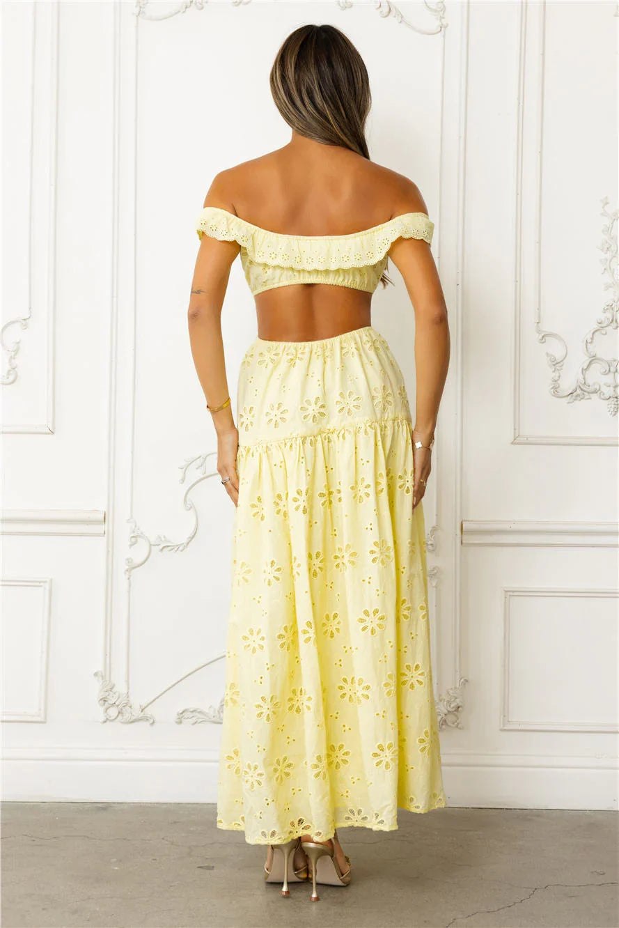 Secrets You Keep Off Shoulder Embroidered Maxi Dress Yellow