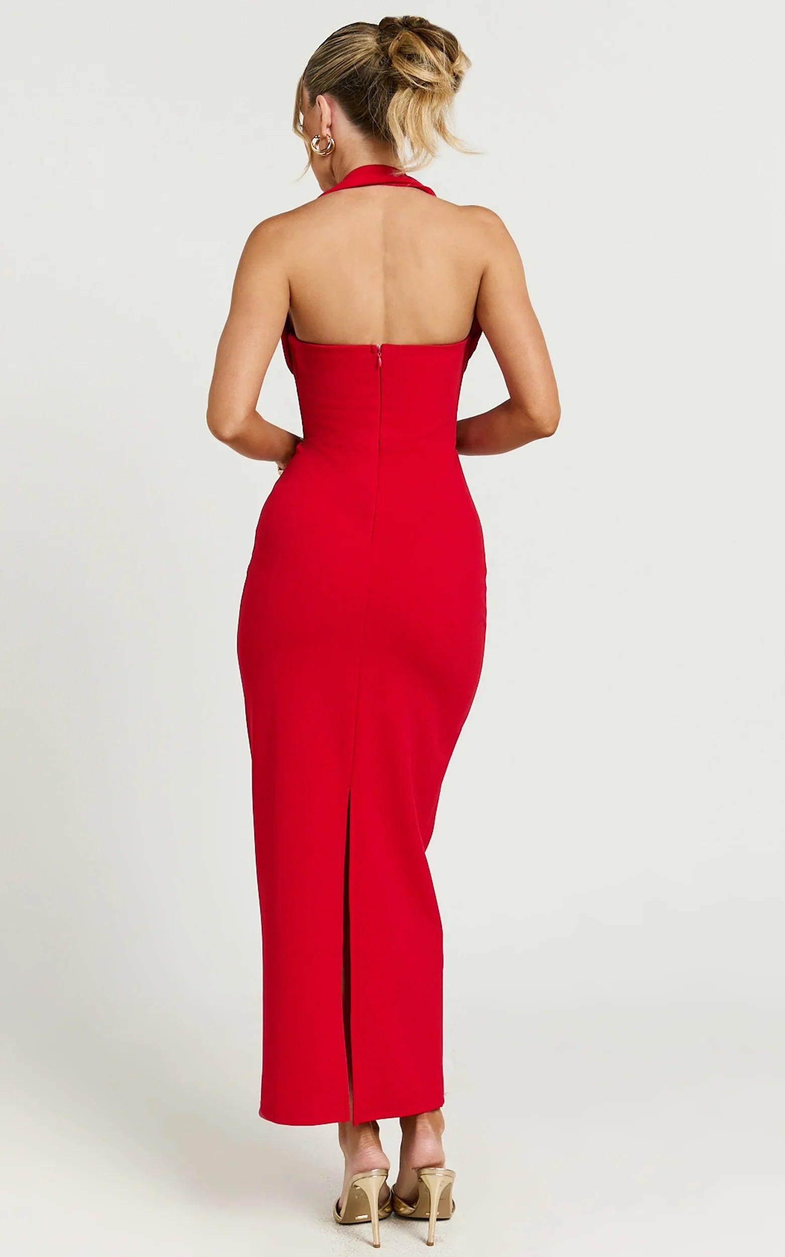 Salome Midi Dress Halter Neck Column Dress in Red