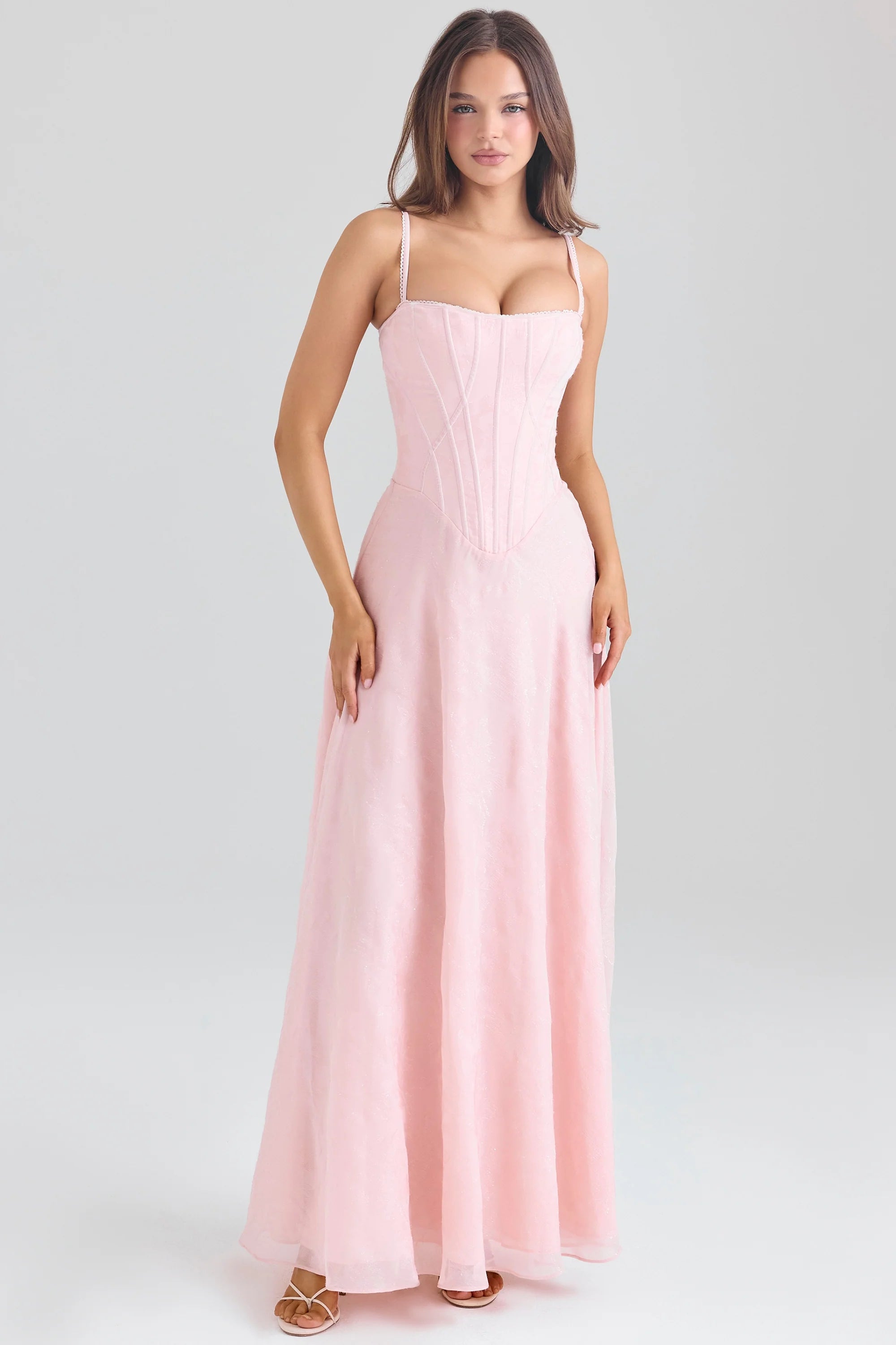 blush pink lurex chiffon maxi dress