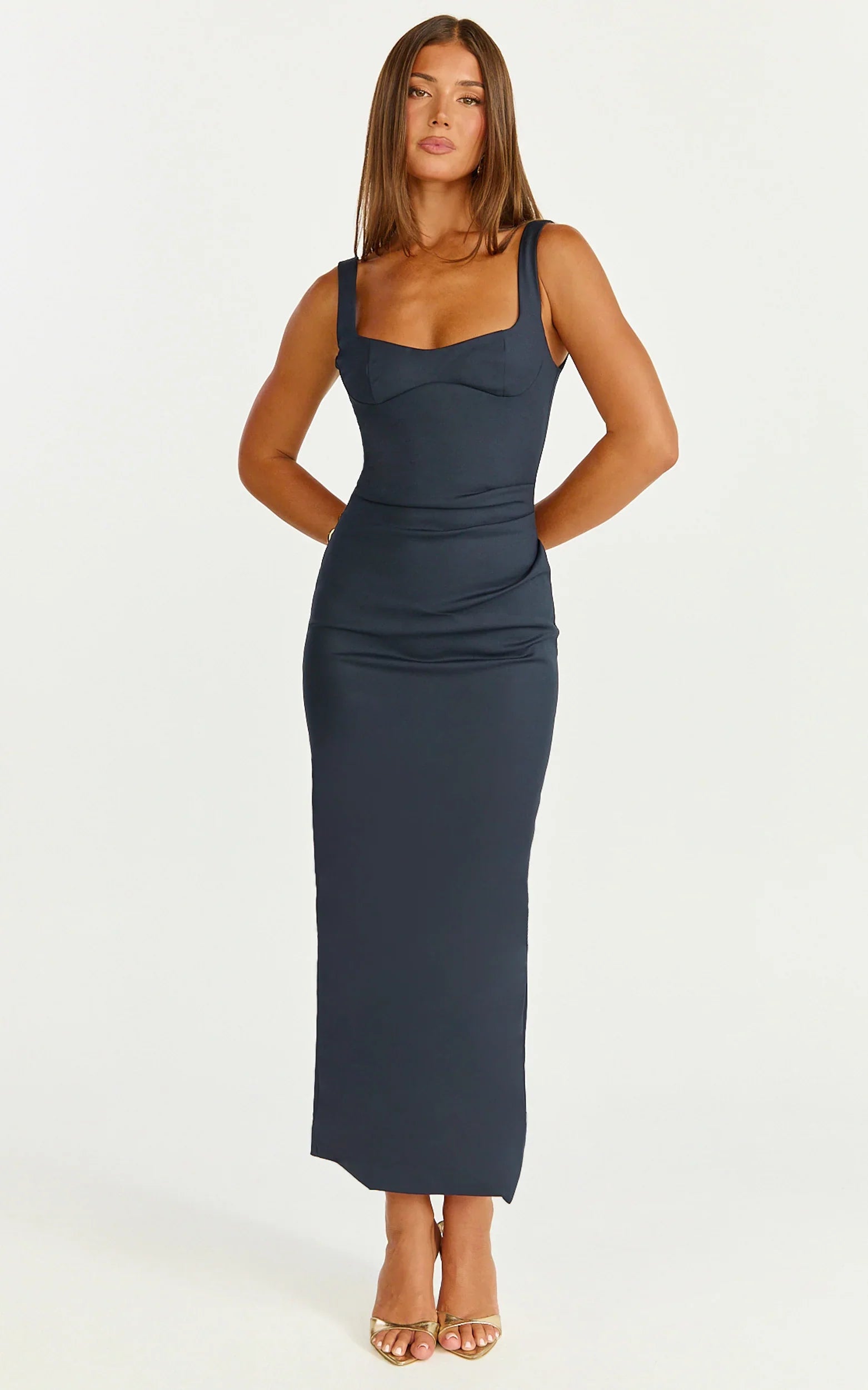 Benita Midi Dress Scoop Neck Ruched Fitted Dress in Navy